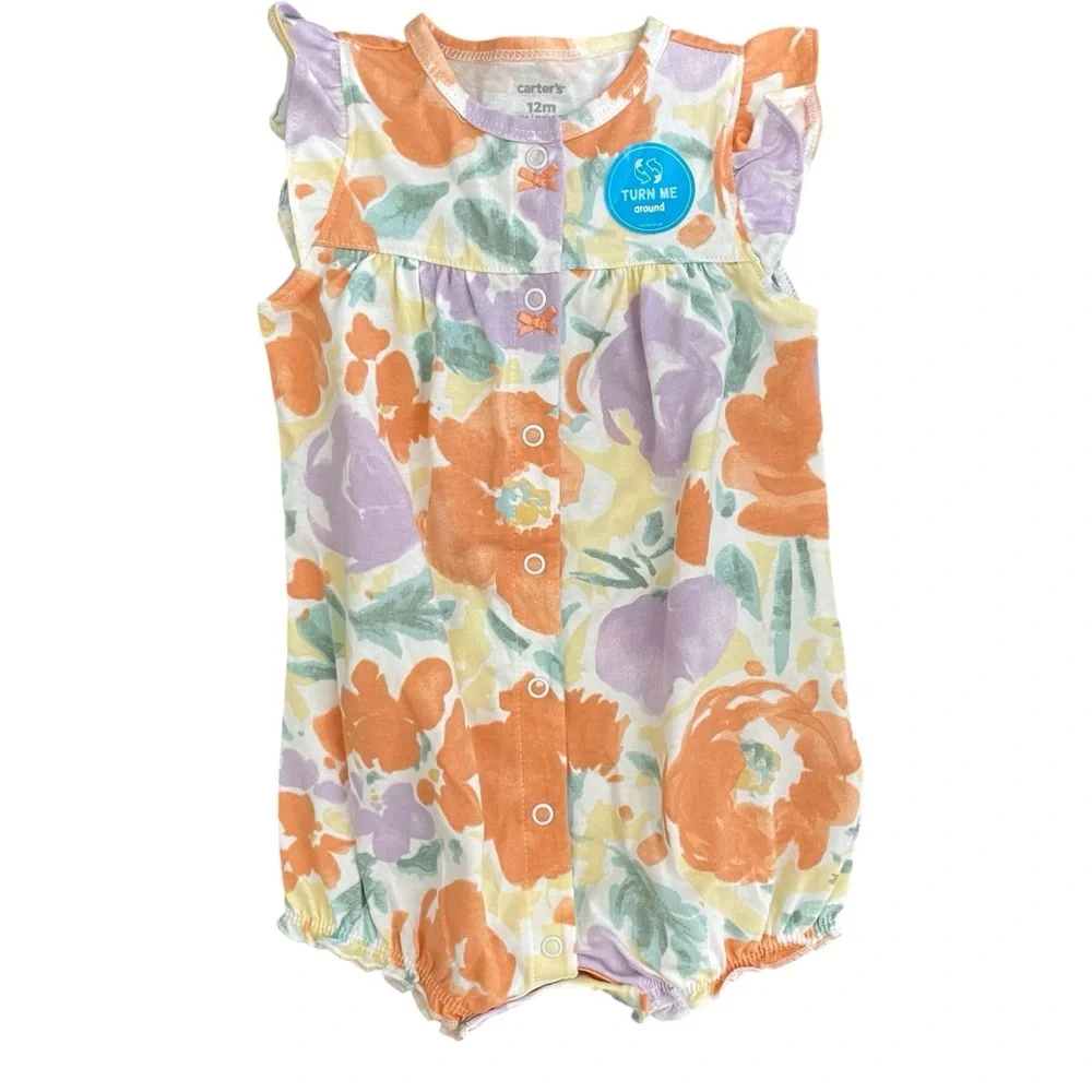 Carter's Pastel Floral Baby Romper Girl Size 12m Cotton Snap-Up Cute Girly Chic